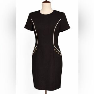 Vintage 80s Evan Picone black dress with white piping and gold buttons. 8P